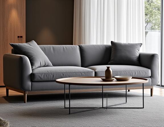 A modern sofa that has been professionally reupholstered in a luxurious, textured grey fabric, sitting elegantly in a living room.