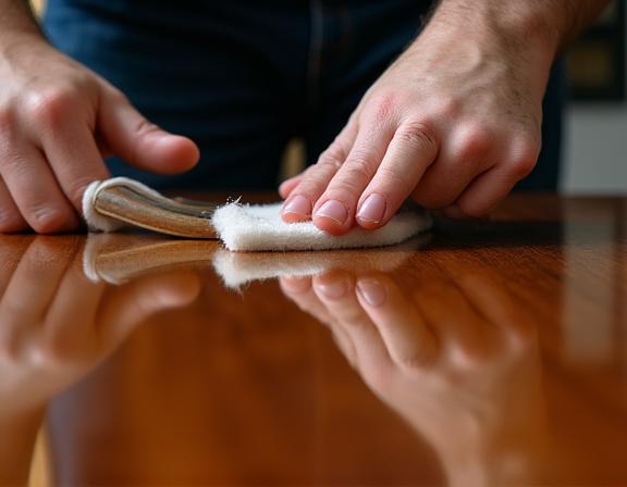 A professional artisan meticulously polishing a classic wooden table, highlighting its lustrous, high-gloss finish.
